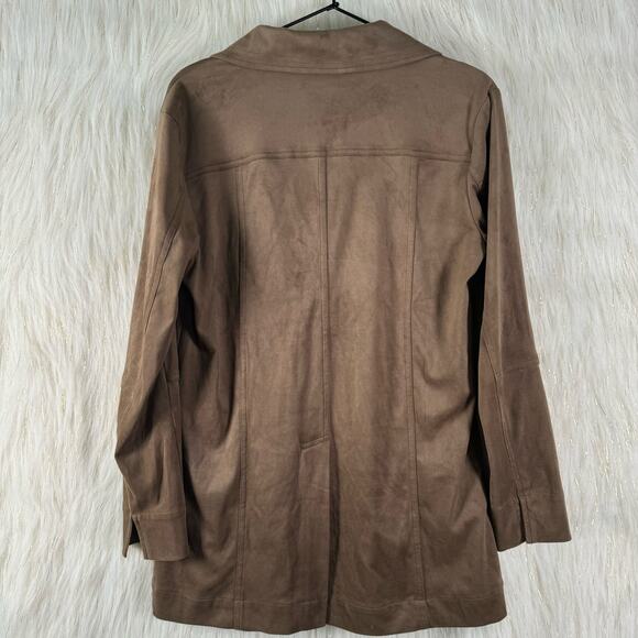 Lysse Abigail Vegan Suede Button Down Vegan Suede Jacket 4 Way Stretch Brown M - Picture 3 of 7